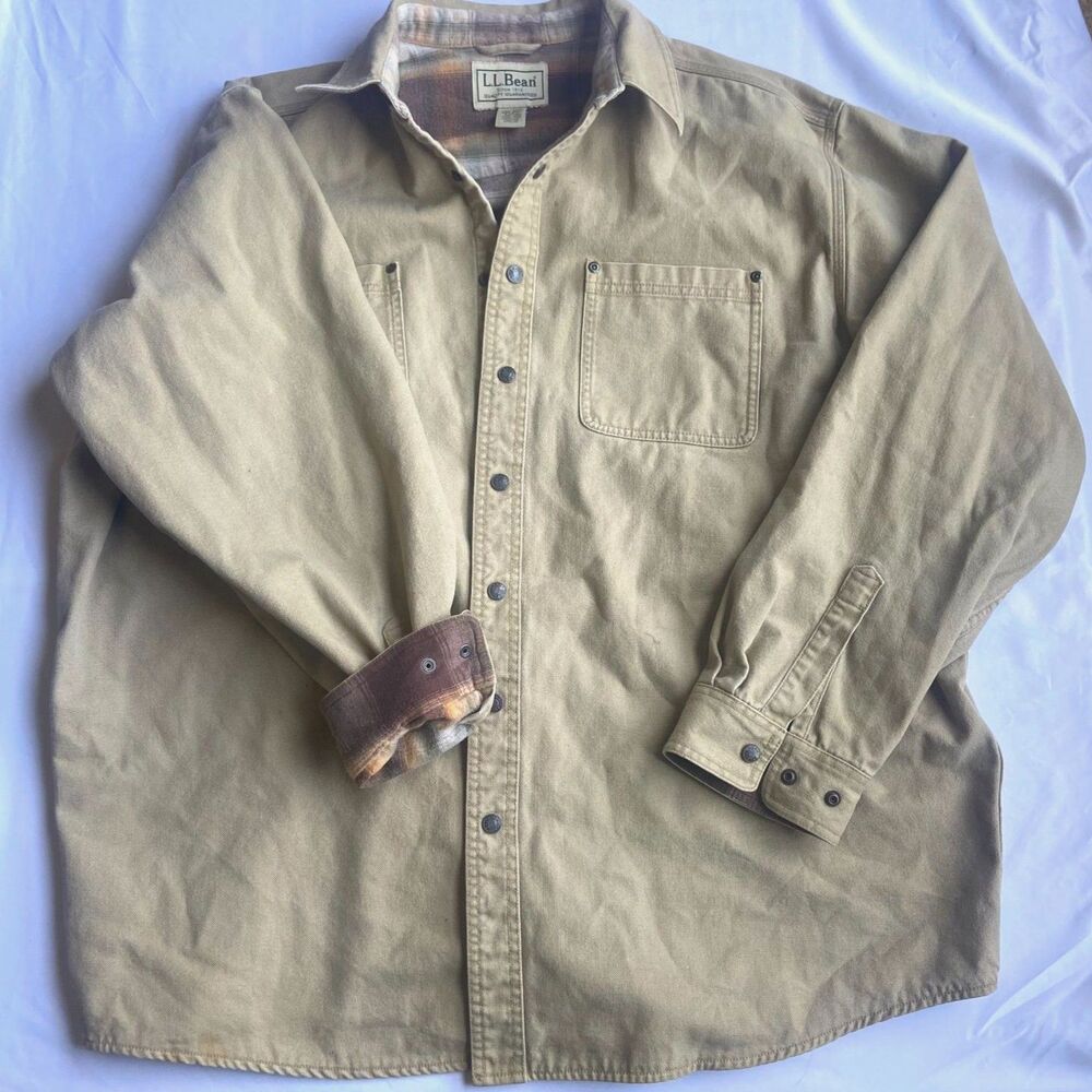 LL Bean Chore Tan Brown Coat XXL Flannel Lined Corduroy Collar Jacket Field